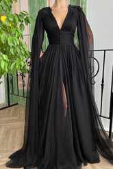 Elegant Black Long A-line V-neck Tulle Front Slit Evening Prom Dress with Sleeves